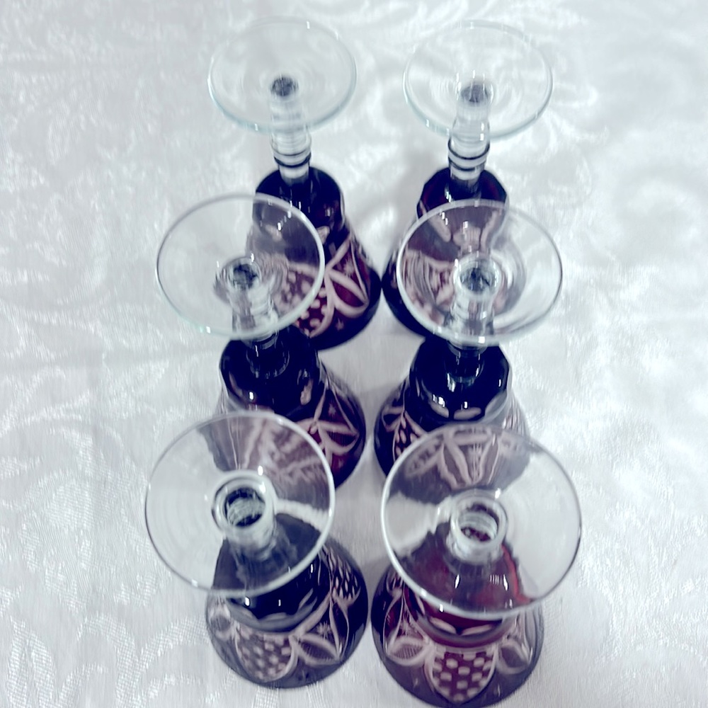 Six Vintage 6 ounce Jewel Cut Bohemian Blood Red Crystal Cordial Glasses. Lovely - Picture 8 of 8